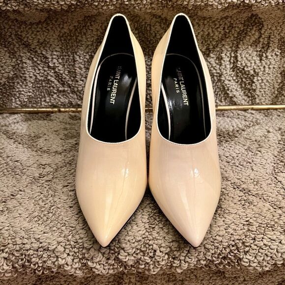 EEUC Saint Laurent Teddy Ivory Patent Leather Stiletto Heel Pumps Shoes Sz 39.5 - Picture 3 of 10